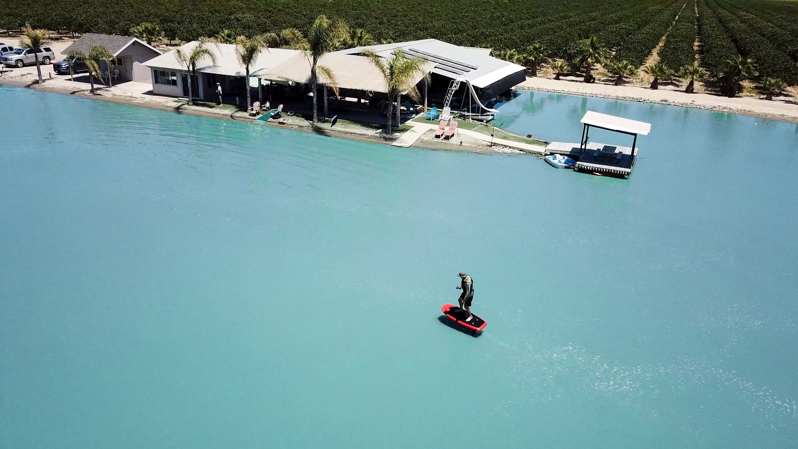 Drone shot of eFoiler and patio area